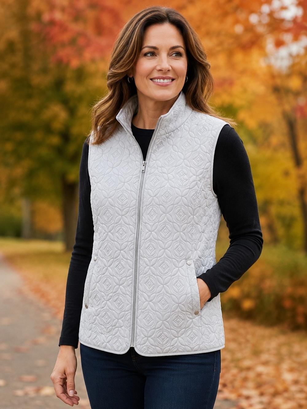 Allison Daley Petites Light Gray Quilted Stand Collar Vest With Front Pockets
